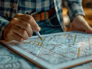 A close-up shot of a person in a plaid shirt meticulously tracing lines on a detailed city or utility map. The warm lighting highlights the focus on strategic planning and precision