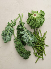 Fresh local produce from the market. Top view various ingredients for cooking healthy vegetarian meal