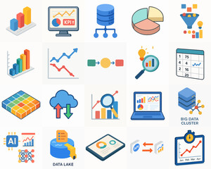 Modern Isometric Infographic Data Visualization and Analysis Design Icon Set