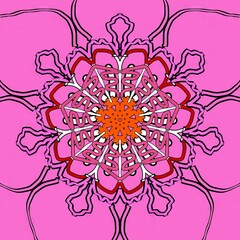 Colorful mandala design with intricate patterns on pink background  