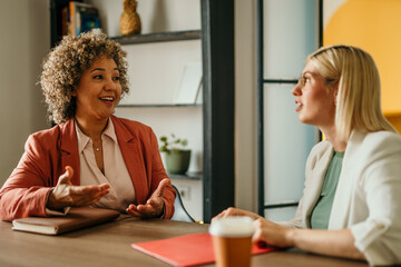 Two businesswomen having a conversation at the office