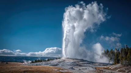 Obraz premium Geyser erupting dramatically against a vast, clear sky