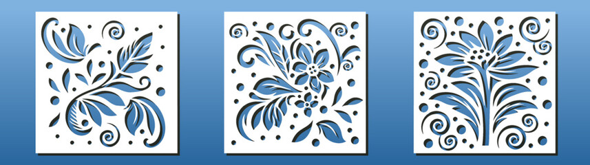 Laser cut panels,  CNC cutting stencil. Floral pattern, arabian or oriental style, square panels for home decor, wall art, room privacy screens. Vector illustration