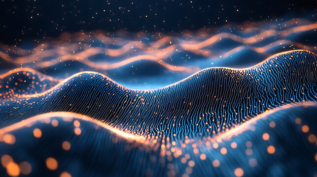 Digital wave with glowing orange dots and flowing blue lines creating futuristic network landscape with depth and motion