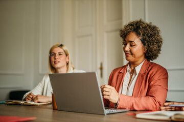 Businesswomen working on laptop during office meeting