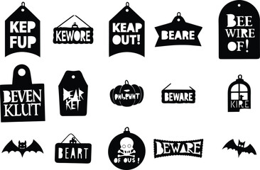  Vector art of a collection of halloween beware signs features bats and skulls