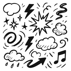 Hand-drawn doodle elements featuring clouds, lightning stars, and music notes