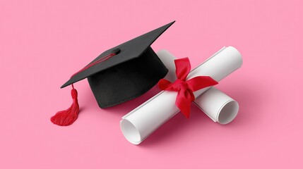 Graduation cap and diplomas with red ribbon on pink background