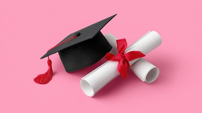 Graduation cap and diplomas with red ribbon on pink background