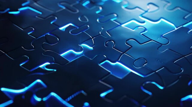 A dark surface with a puzzle piece pattern of blue and white light, reminiscent of energy or circuit board design, ideal for technology themes.