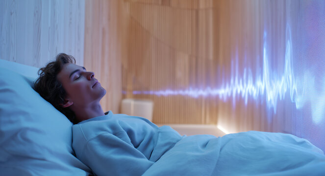 A person rests comfortably in a serene setting, experiencing a hypnosis session aimed at treating sleep disorders.