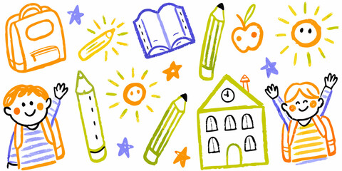 Kids doodle design, Naive baby nature sticker, colorful pencil illustration.