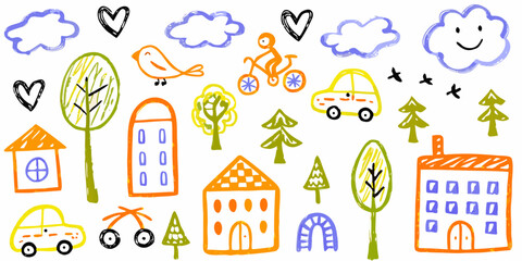 Kids doodle design, Naive baby nature sticker, colorful pencil illustration.