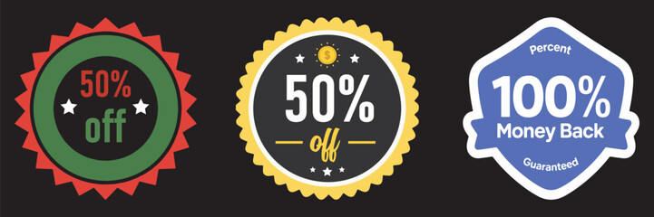 Three colorful discount and money back guarantee badges on a black background