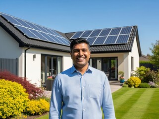 Green energy home with solar panels on roof and proud owner standing nearby representing environmental responsibility and modern technology use