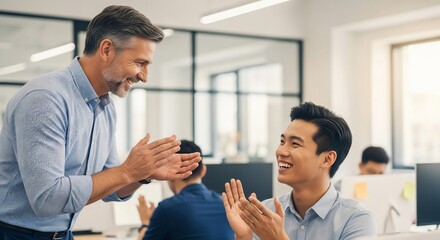 Fototapeta premium Two smiling colleagues, one older and one younger, enthusiastically clapping their hands in appreciation during a business meeting in a modern office setting.