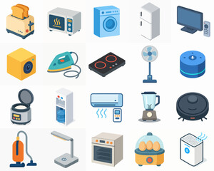 Isometric Pixelated Home Appliances Detailed Illustration with Shadow and Glow Effect