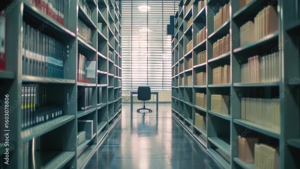 Poster empty library interior with sunlight filtering through windows