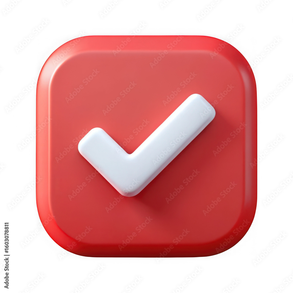 Poster 3d rendered checkmark icon on red square isolated background