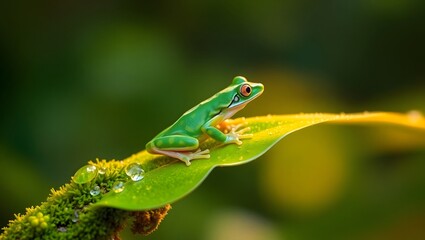 Fototapeta premium Red-Eyed Tree Frog on Leaf with Dew Drops