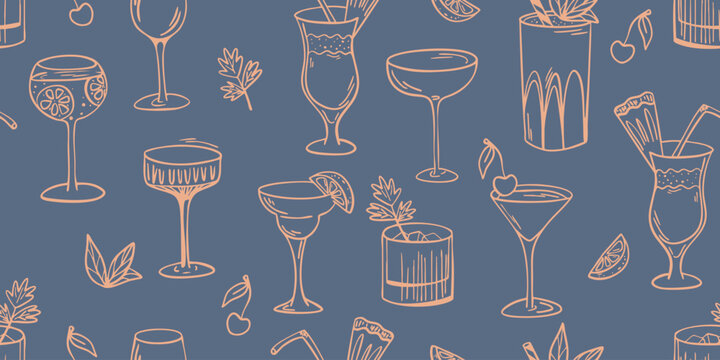 Seamless vector pattern with hand drawn cocktail glasses and drinks on dark background - Powered by Adobe