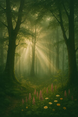 An artistic representation of a forest, showcasing sunbeams breaking through the tree branches, casting light on the foliage.