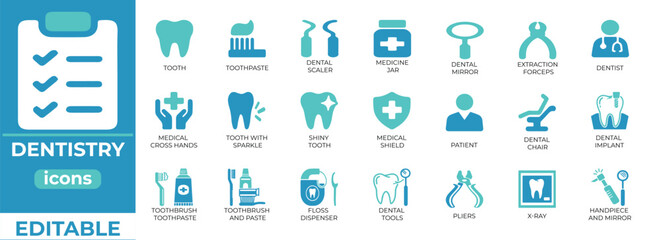 Editable dentistry icons for clinics, apps, and medical presentations
