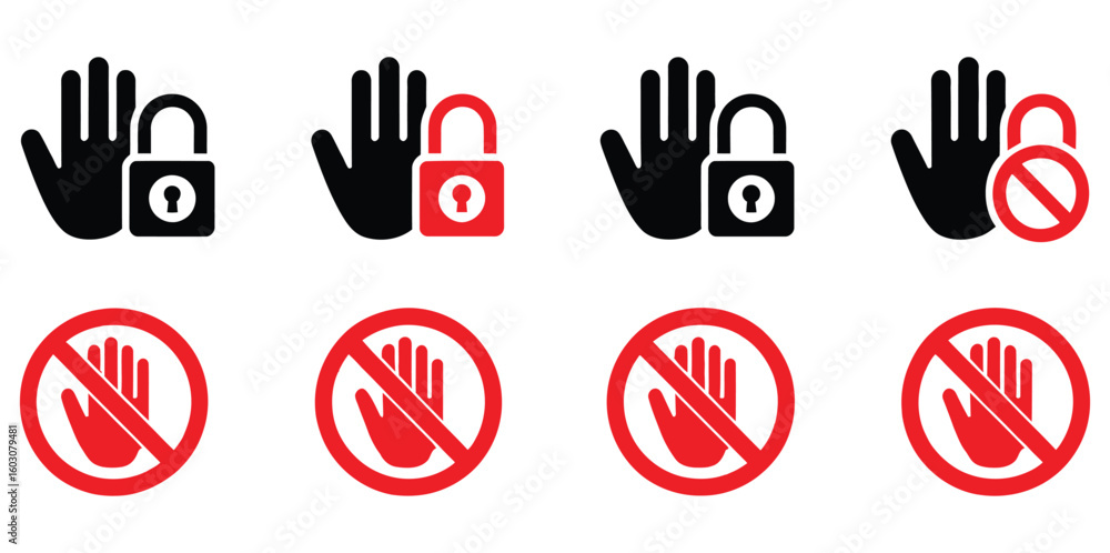 Poster stop hand and lock icons signify restriction access security warning prohibition and privacy protect