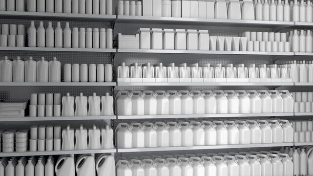 Supermarket shelves mockup with blank dairy and other food products isolated on gray. Sliding motion. 3d animation