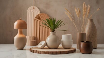 Minimalist Still Life with Vases Plant and Wooden Accents on Marble Surface.