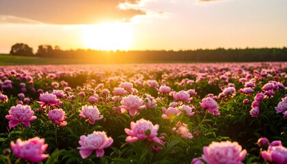 Fototapeta premium Field of peonies at golden hour glow