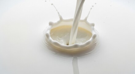A stream of milk pouring, creating a splash and crown on a white surface.
