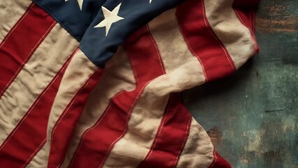 American flag draped on weathered blue wooden surface with copy space. Patriotic vintage background, perfect for independence day. - Powered by Adobe