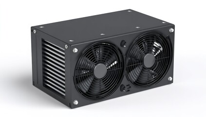 Obraz premium 3D Render of Low-Profile Black Air Cooling Unit with Dual Fans Isolated on White Background – Modern HVAC or PC Cooling Concept