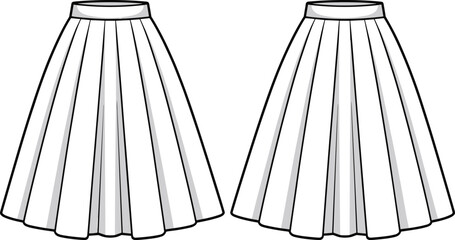 CAD Drawing of Pleated Skirts, Flat Vector Fashion Illustration Showing Front and Back View, Apparel Design Template for Sewing Pattern