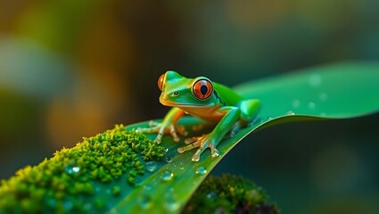 Obraz premium Red-Eyed Tree Frog on Leaf with Dew Drops