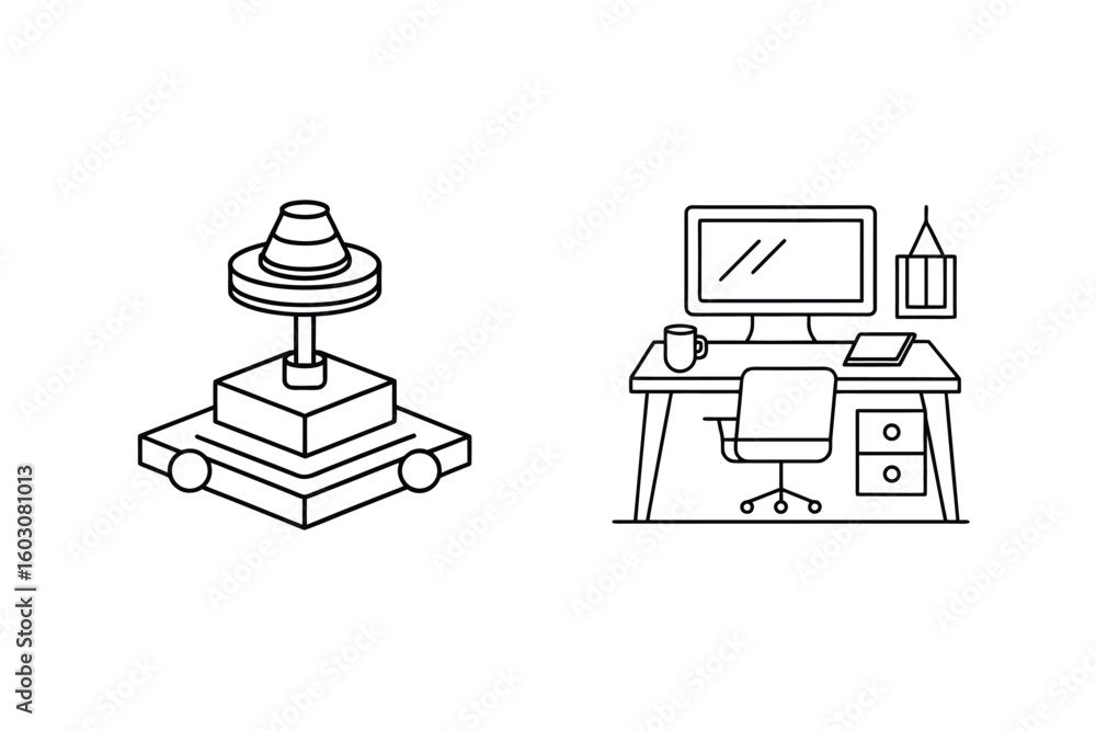 Aufkleber desk with computer and office chair and abstract object