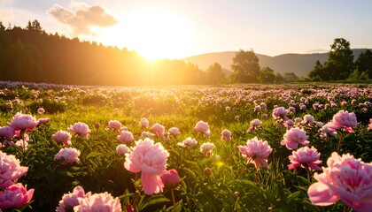 Obraz premium Pink Peonies bloom at bright sunrise