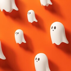 White cartoon ghosts with black eyes and mouths float against a bright orange background, creating a playful Halloween-themed design.