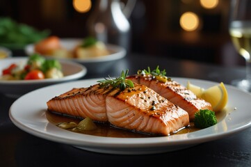 Gourmet grilled salmon fillet with lemon and greens