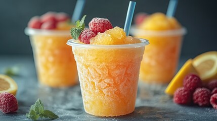 Frozen Fruit Slush Granita Drinks in Plastic Cups with Lids and Straws. 