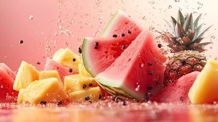Fruit Burst: Watermelon, Papaya, Pineapple: A dynamic scattering of watermelon, papaya, and pineapple, isolated. 