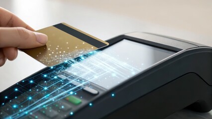 Fintech concept, Contactless payment with a credit card on a digital terminal, showcasing modern transaction technology.