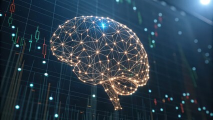 Fintech concept, A digital brain illustration with data patterns, symbolizing technology and artificial intelligence.