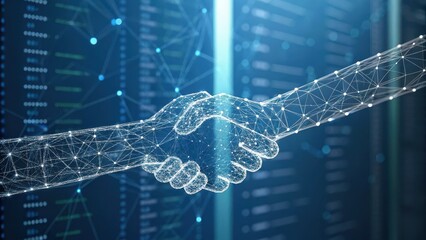 Fintech concept, Digital handshake symbolizing partnership and technology collaboration on a futuristic background.