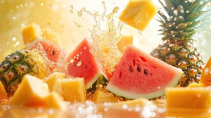 Fruit Burst: Watermelon, Papaya, Pineapple: A dynamic scattering of watermelon, papaya, and pineapple, isolated. 