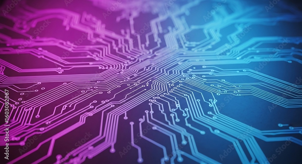 Poster close-up view of intricate circuit board pathways, highlighted in vibrant neon colors.