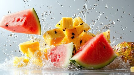 Fruit Burst: Watermelon, Papaya, Pineapple: A dynamic scattering of watermelon, papaya, and pineapple, isolated. 
