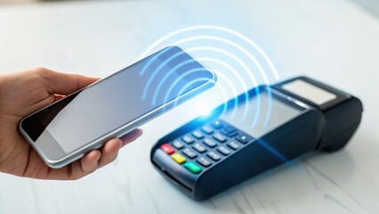 Fintech concept, Mobile payment technology demonstrated with a smartphone and a contactless card reader.