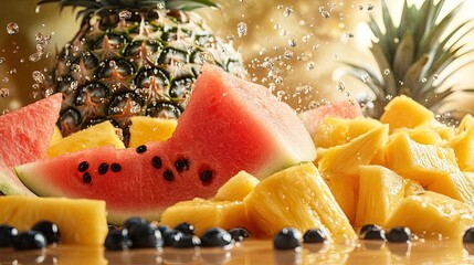 Fruit Burst: Watermelon, Papaya, Pineapple: A dynamic scattering of watermelon, papaya, and pineapple, isolated. 